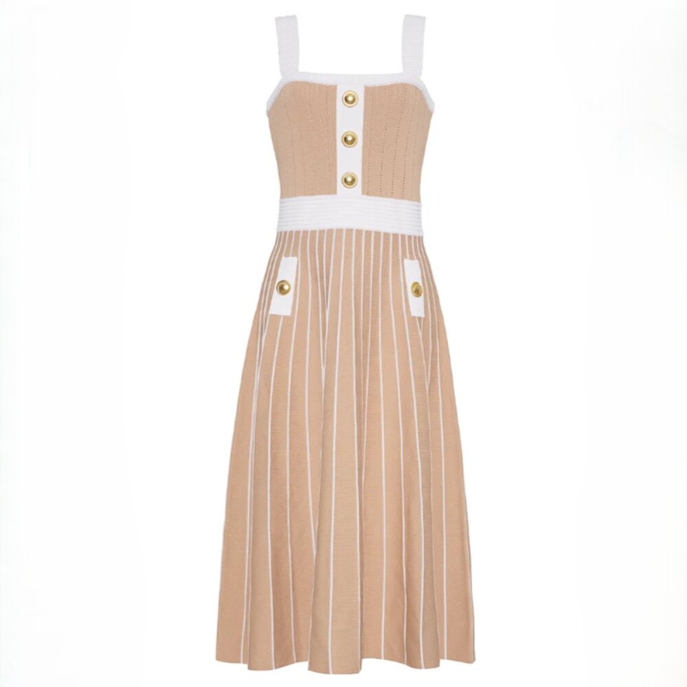 Cara Cara Aurora Two-Tone Striped Midi Dress In Tan Ivory Size Large (NWD)